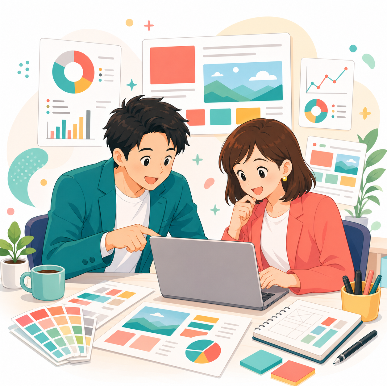 GPT-5.5で男女がデザイン作業を進めるイラスト